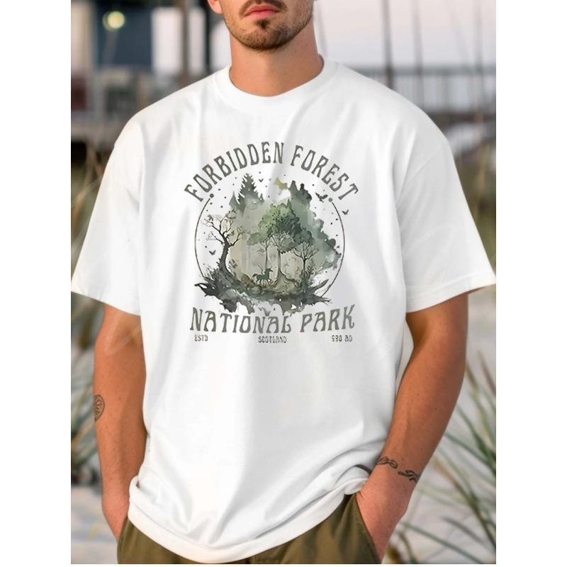 

European sizes Pure White T - shirt for Men: Forbidden Forest National Park Print 4XL білий