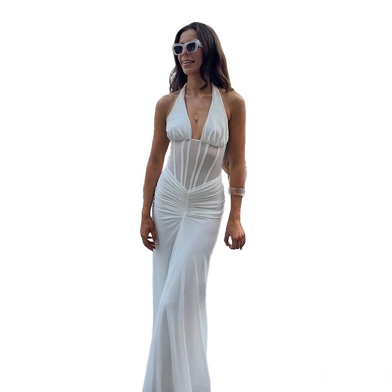 European Style 2026 Elegant Sexy Halter Pleated Hollow Backless Evening Gown Skirt
