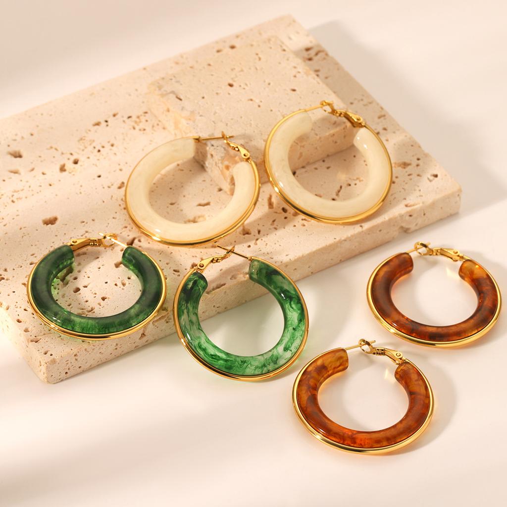 French Vintage Style Stainless Steel Hoop Earrings, Resin Earrings for Women, Elegant High-end Ear Jewelry, Niche Design