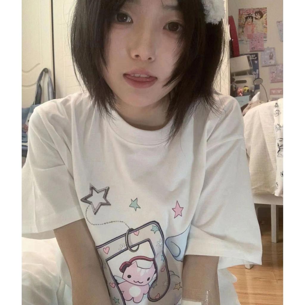 Sommer Kawaii Süße T-Shirts Damen Japanische Mode Harajuku Streetwear Cartoon-Druck Lockere T-Shirts Oberteile Weich Gril Y2k