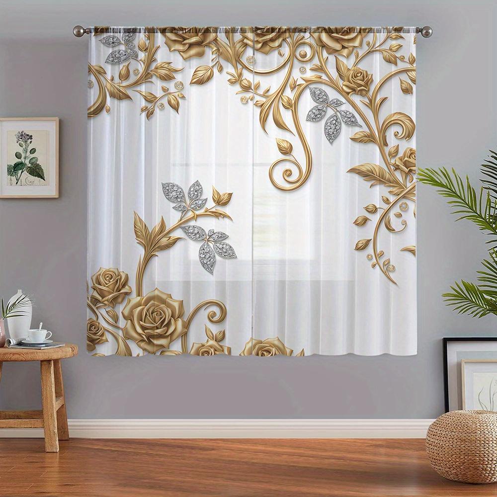High Quality Gold Floral Pattern Curtains Baroque Sheer Decorative Window Drapery Panels Luxury Living Room Home Decor