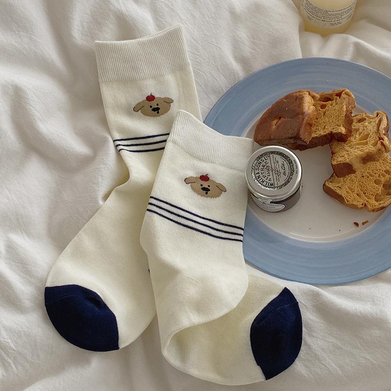 Female Spring and Autumn Color Striped Cute Cartoon Puppy College Wind Tube Pile Socks