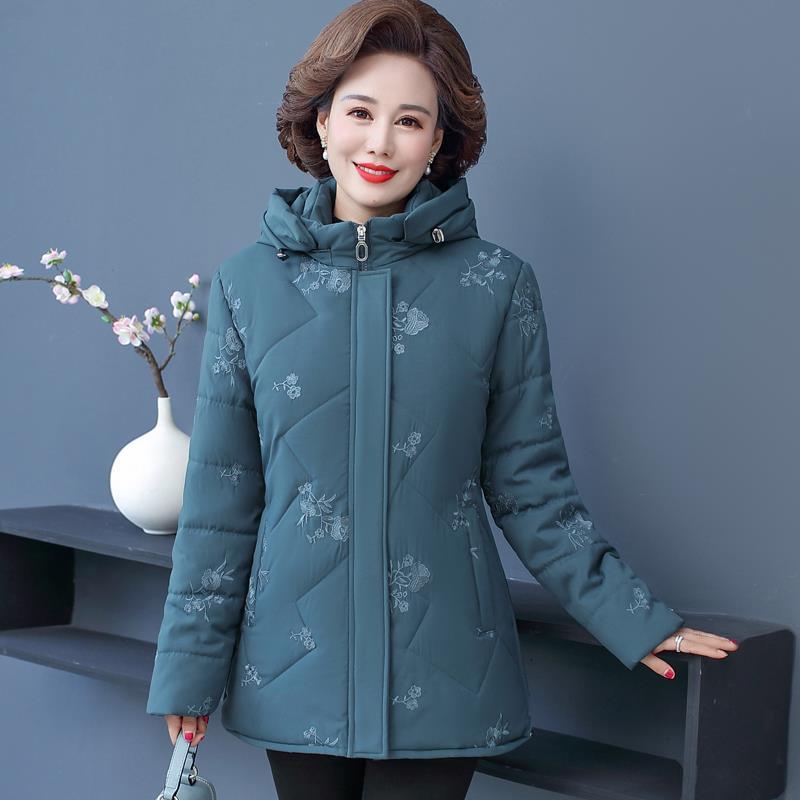 Mom Winter Down Padded Jacket Overcoat Fashion Loose Hooded Warm Parka Women Thicke Embroidered Cotton Jacket