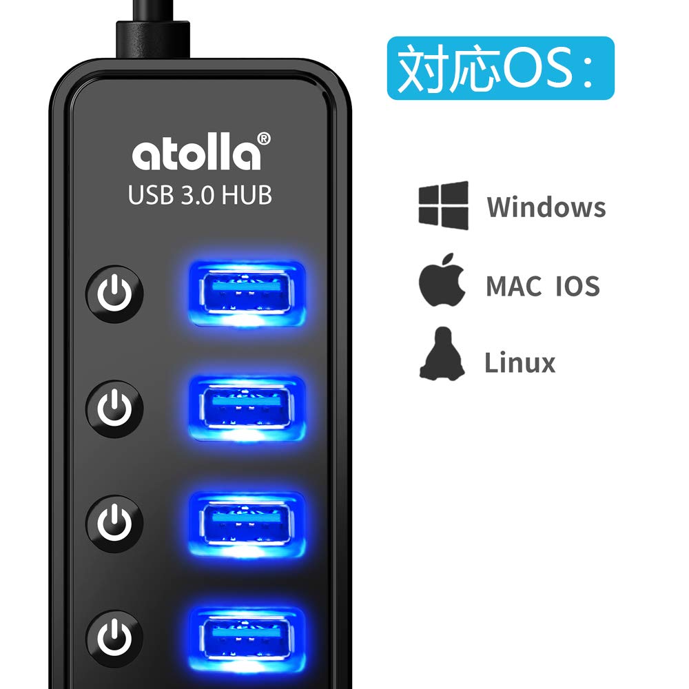 Atolla USB Expansion 1 Charging with Independent AC and 100cm USB 3.0 Hub, 7-Port + Port, Self-Powered/Bus-Powered, Switches, 5V/4A Adapter, Cable.