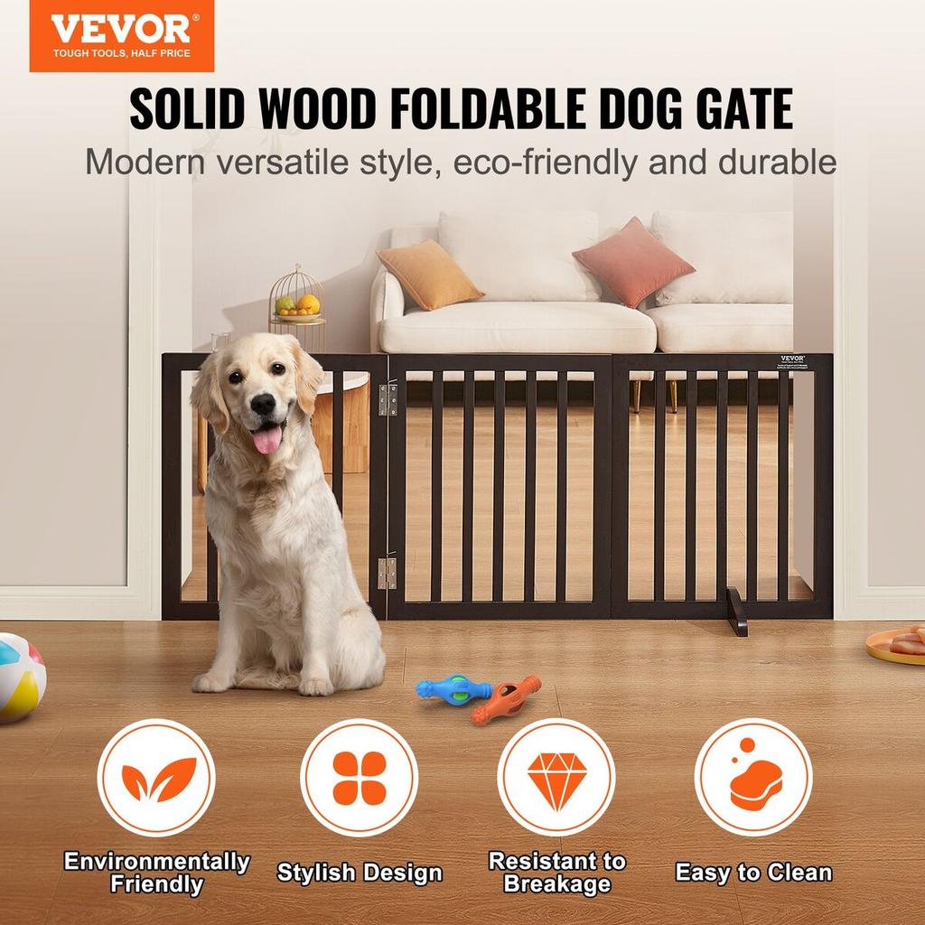 Free Standing Dog Gate 24x60 Inch Freestanding Pet Gate Foldable Brown
