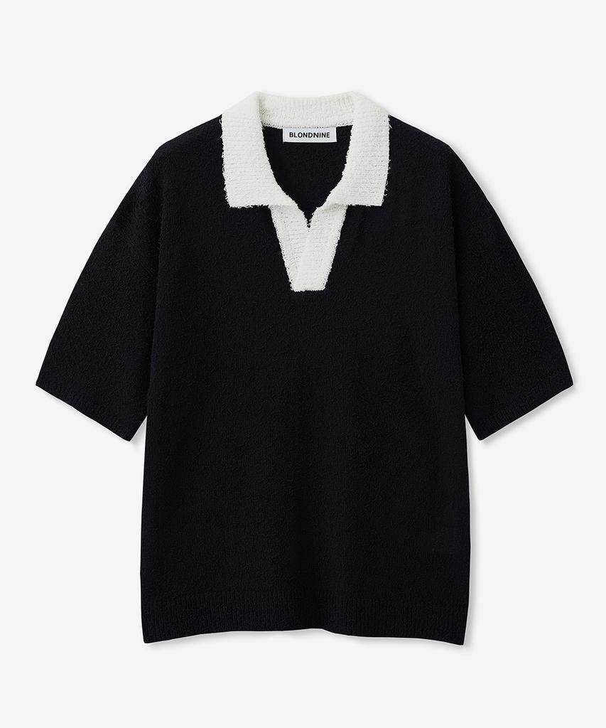BLOND9 Tail Yarn Coloration Short Sleeve Knit_Navy Ivory