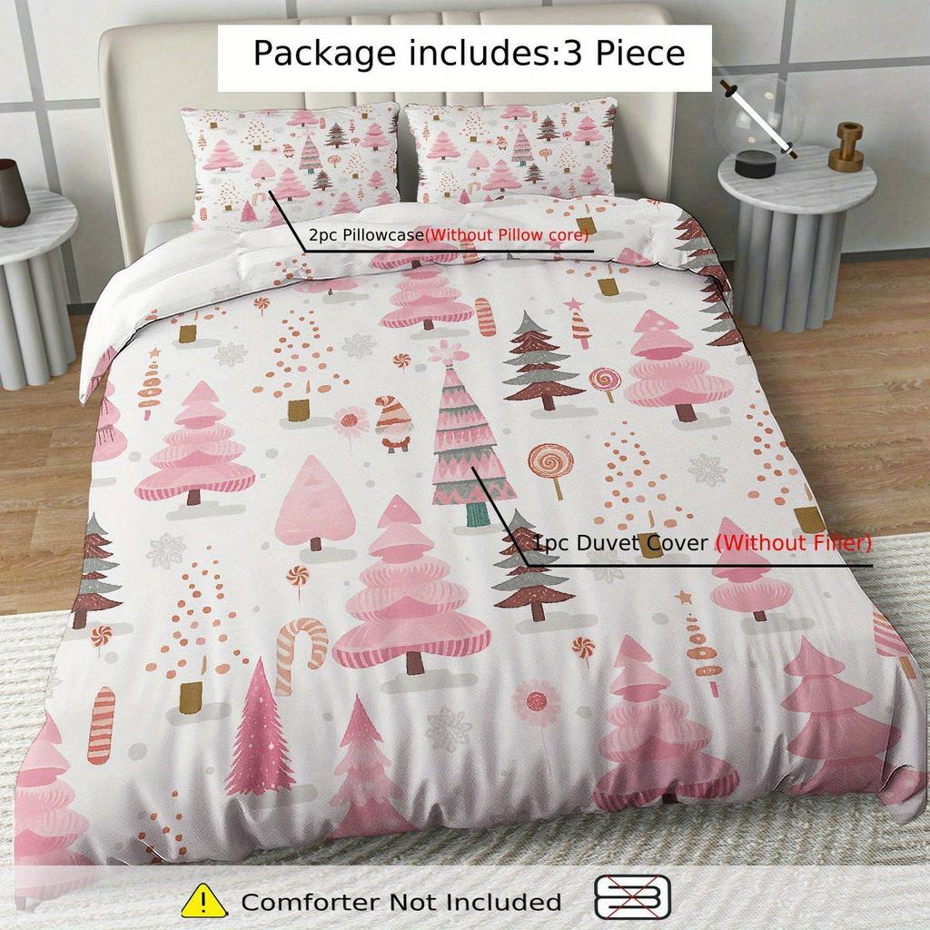 3Pcs Pink Christmas Tree & Candy Snowflake Duvet Cover Set - Soft Comfortable Polyester Bedding With Zipper Closure