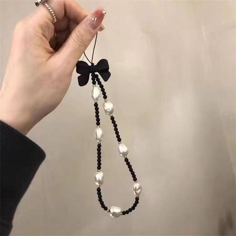 Retro Bowknot Pearl Phone Charm Strap Flower Bead Pendant Bracelet For iPhone Samsung Accessories Hanging Rope For Girl