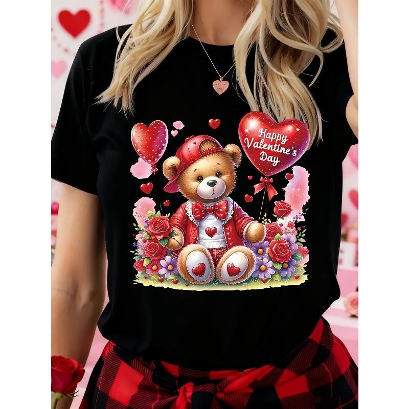 

Women Cute Balloon Bear Valentine s Day Graphic T-Shirt Round Neck Short Sleeve Regular Fit Spring Summer Lightweight Casual Gift Top 4XL
