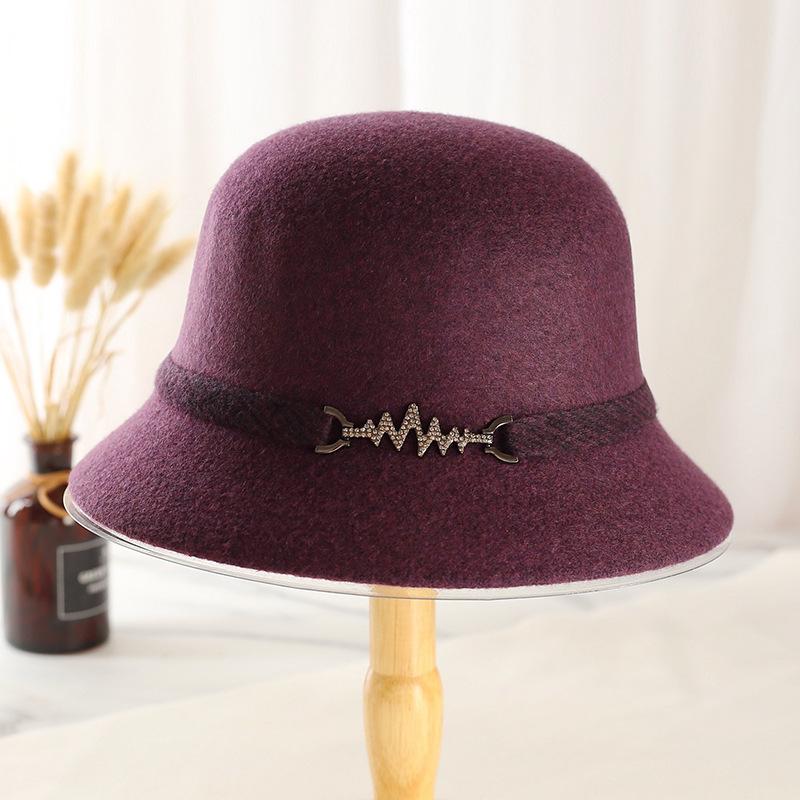 New button noble hat women's British retro dome basin hat autumn and winter short brim old wool top hat