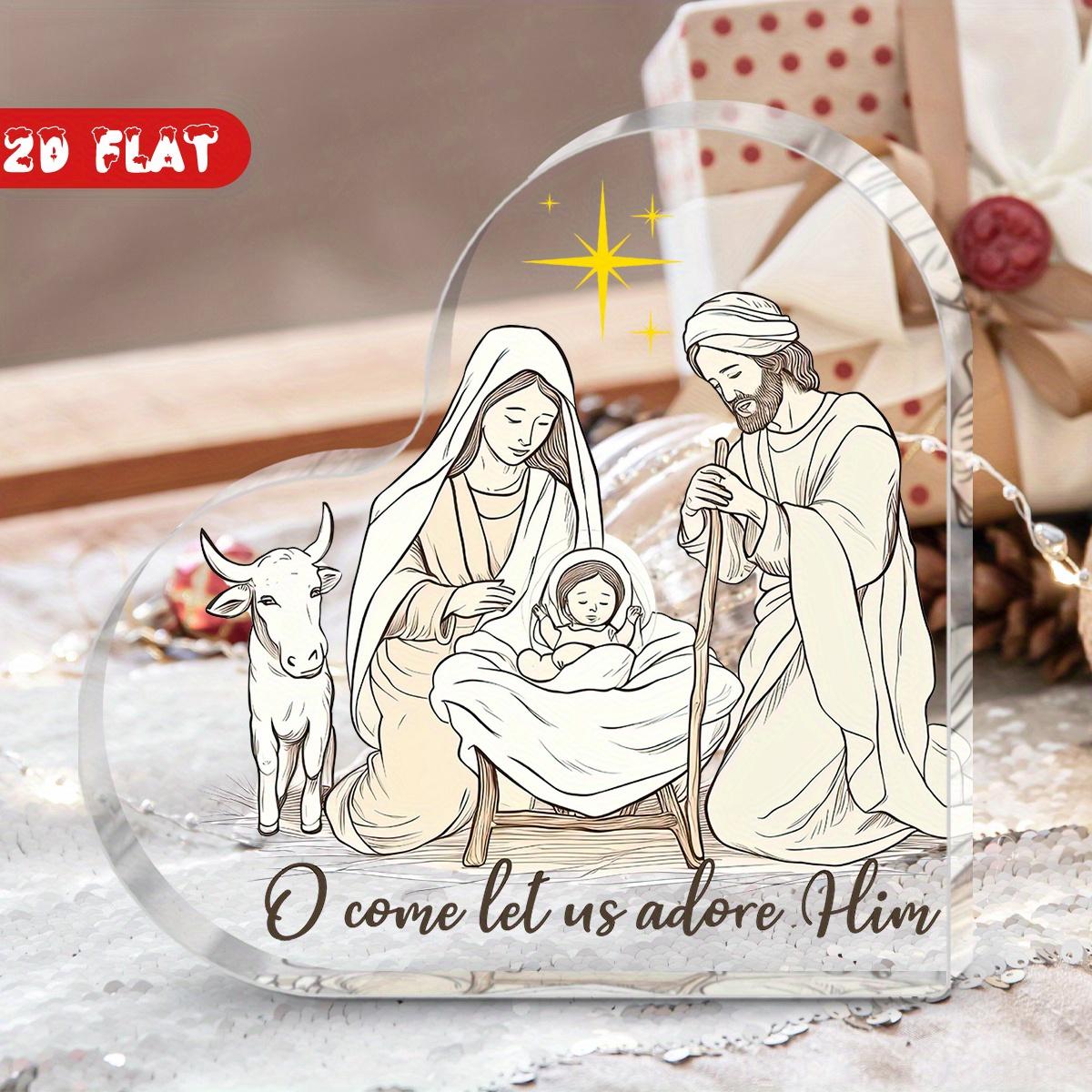 

Vintage Heart-Shaped Acrylic Santa Claus & Christmas Tree Sign - Nativity Scene Desktop Decoration with Mary & Latin/ English Slogan 10*10cm