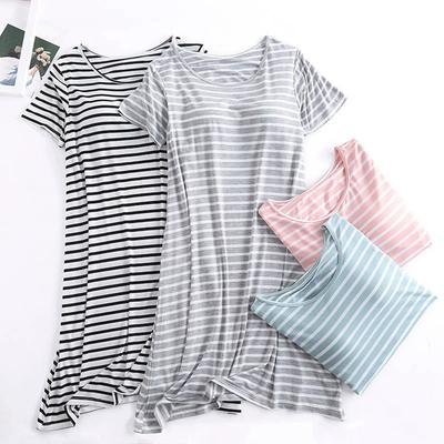 Women's Crew Neck Striped Free Bra Short Sleeve Pajamas Simple Nightdress Casual Loungewear