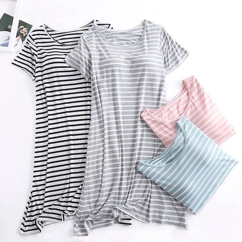 Women's Crew Neck Striped Free Bra Short Sleeve Pajamas Simple Nightdress Casual Loungewear