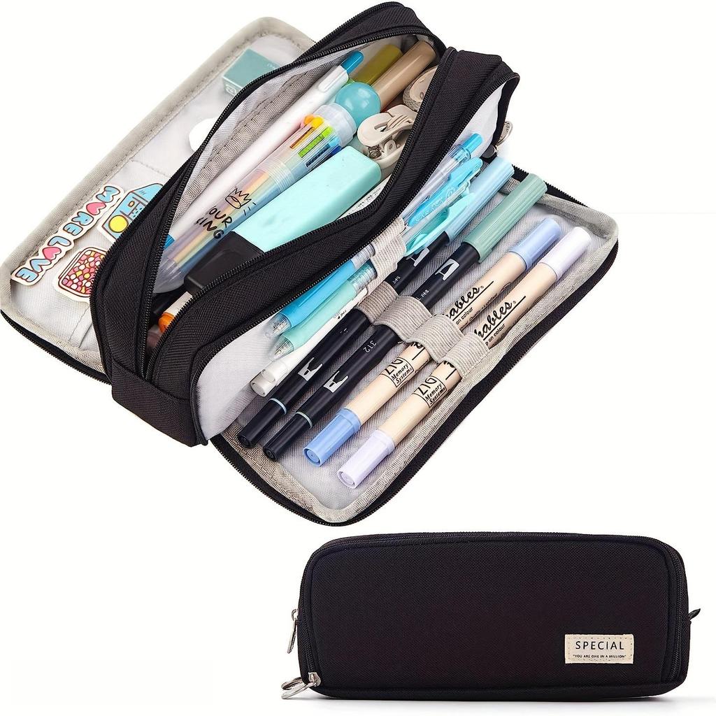 Large Capacity Three-Layer Zipper Pencil Case with 8 Pen Slots and 4 Inner Pockets in Oxford Cloth, Available in Multiple Colors