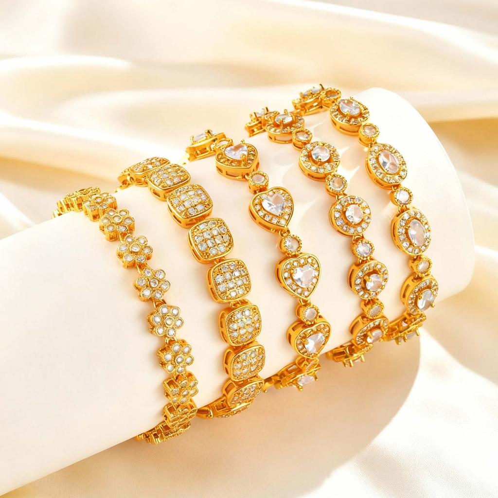 Glänzendes Metallarmband mit Zirkonia, 14K Goldplattiertes klobiges Gliederarmband zum Stapeln, Modischer Elegantes Schmuckstück für Frauen Mädchen Geschenk