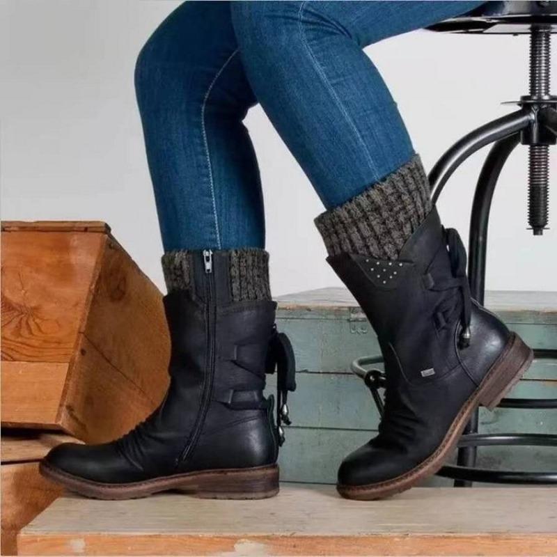 Large size knight boots new rear strap but knee mid tube fly knitting splicing warm women's boots