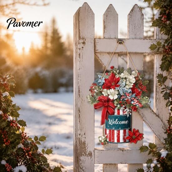 Christmas Door Hanging Sign Welcome for Front Door, Rustic Wooden Ornament, Festival Theme Wall Decoration Decor with Lanyard Holiday Home Window