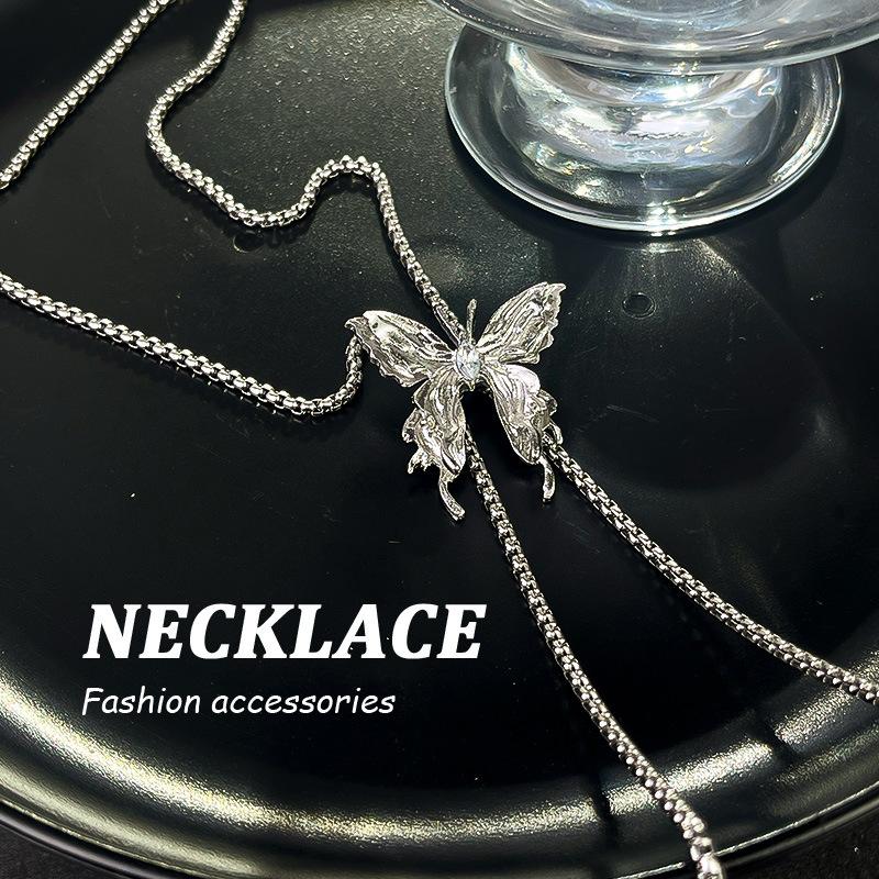 Popular Geometric Sweater Necklace  Color Butterfly Pendant Adjustable Stainless Steel Chain Punk Hiphop Jewelr Gift