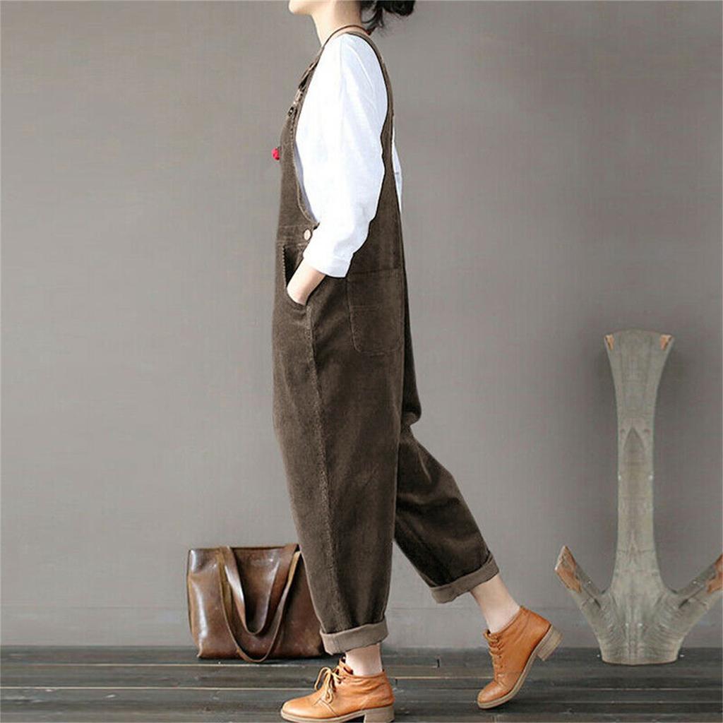 Fashion Women's Literary Cotton And Linen Strap Back Casual Pants Jumpsuit