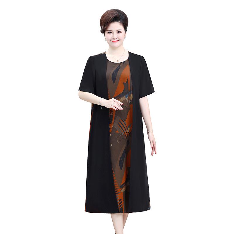 Elegant Plus Size Chiffon Patchwork Dress for Mature Women - Summer Short Sleeve, Stylish Two-Piece Look.