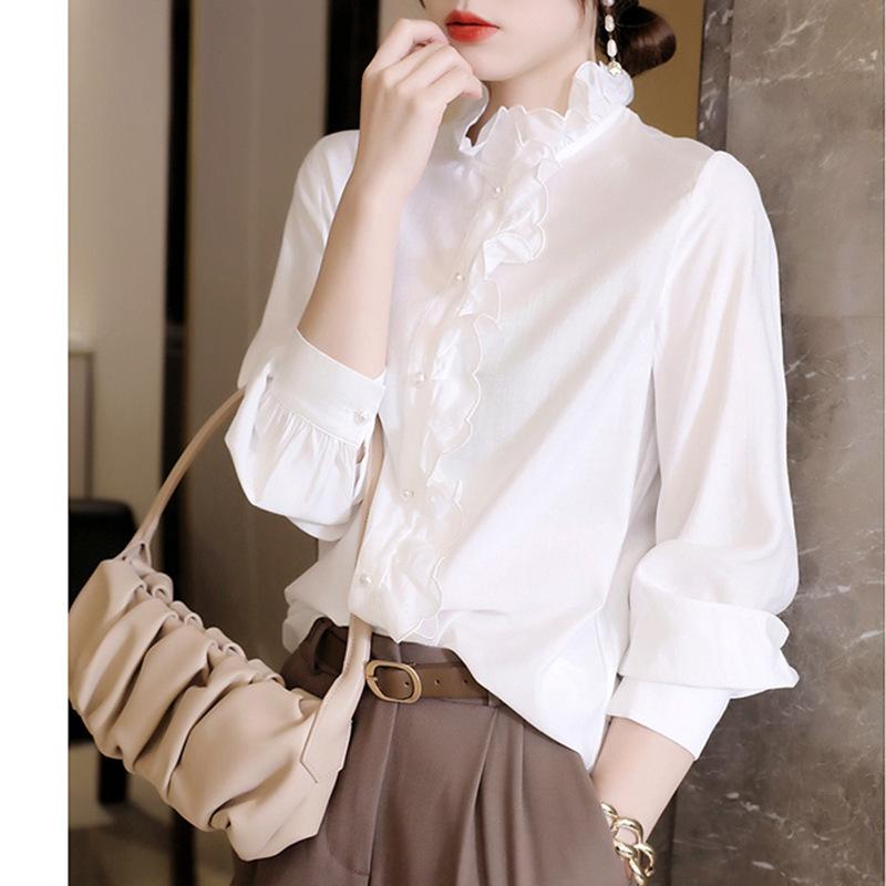 

Белая рубашка женская ранняя весна новый дизайн Sense Niche воротник стойка рубашка в стиле ретро Fungus Edge XXL