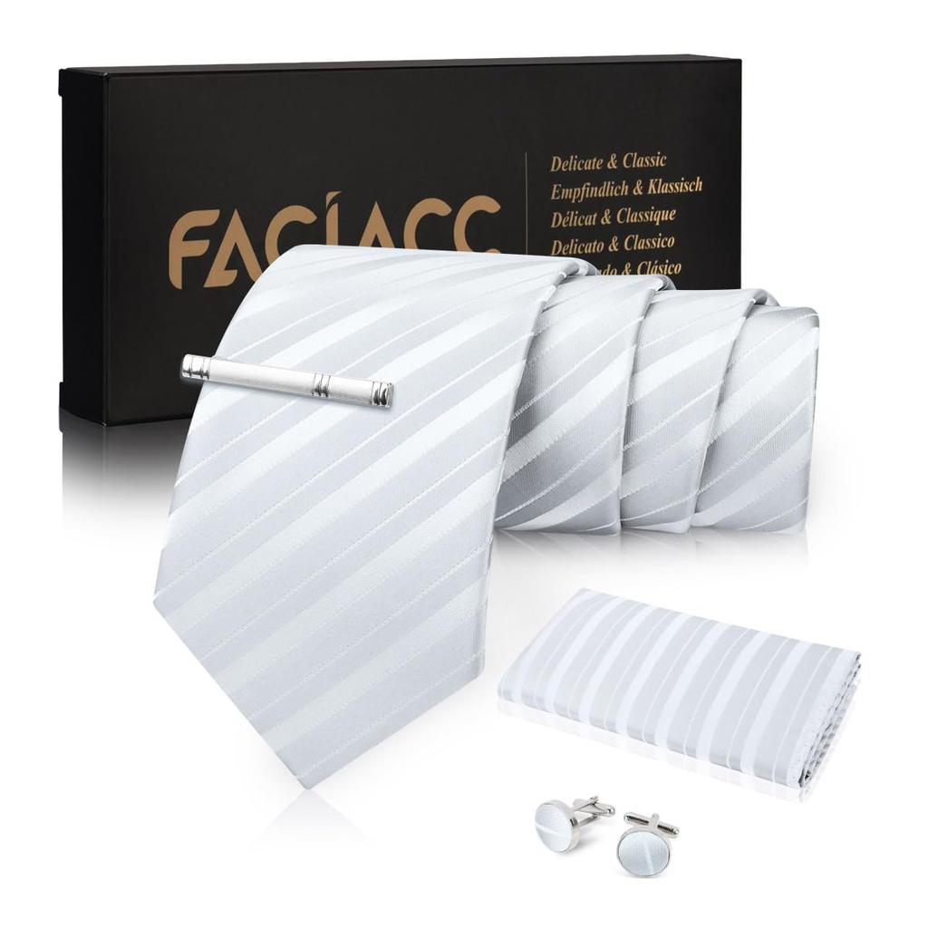 [FACIACC] Men's Silk Tie, Pocket Square, Tie Clip, and Cufflinks 4-Piece Set for Weddings and Special Occasions - Striped Pattern, Handkerchief Dot