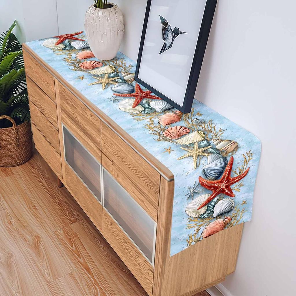 Summer Starfish Shell Coral Linen Table Runner Dresser Scarf Decor Washable Kitchen Dining Table Runner Holiday Party Decor