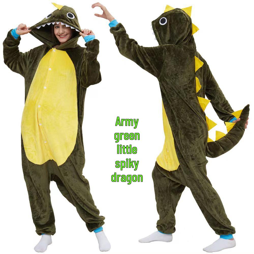 2025 Army Green Spiky Dragon Onesie Pajamas for Men & Women - Cute Cartoon Cosplay