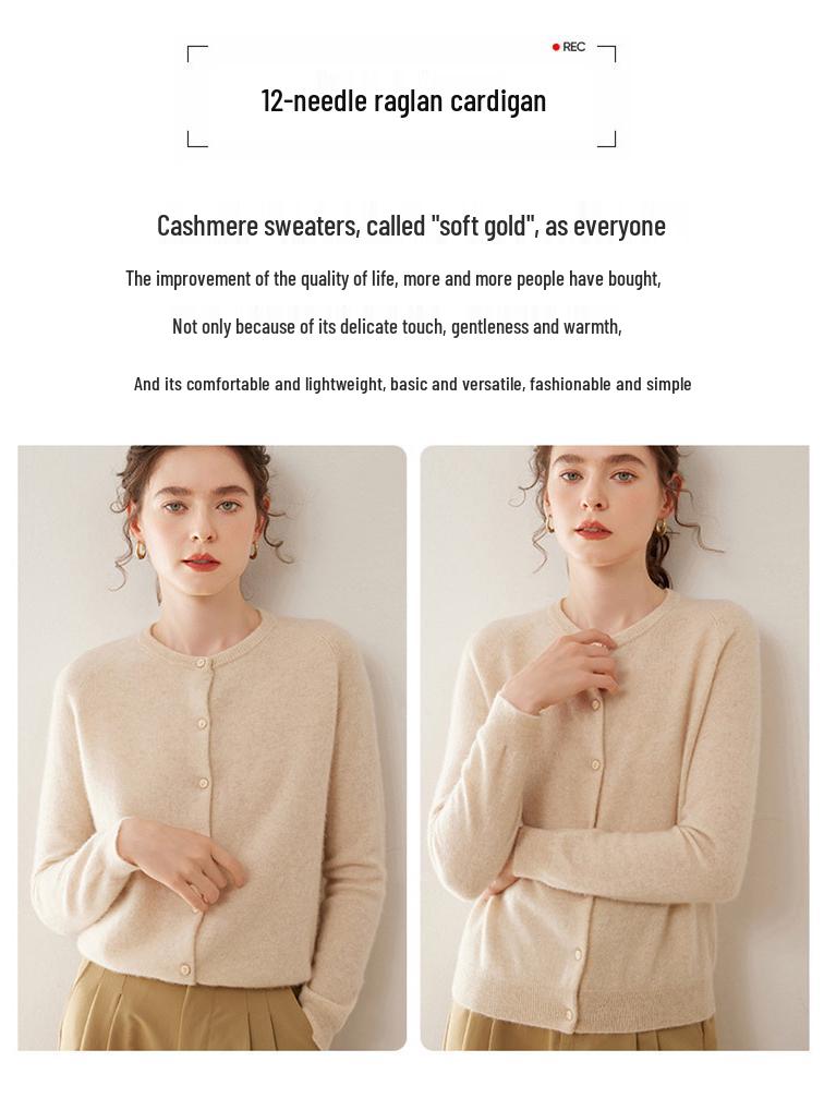 Damen Kaschmir Raglanärmel Cardigan - Dünn, Rundhalsausschnitt, Einfarbig, Lockere Passform für Herbst und Winter