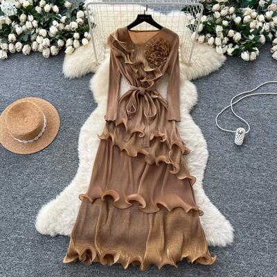 Autumn Winter Women Elegant 3D Flower Ruffles Miyake Fold Christmas Party Oversized Loose Lace-up Dresses