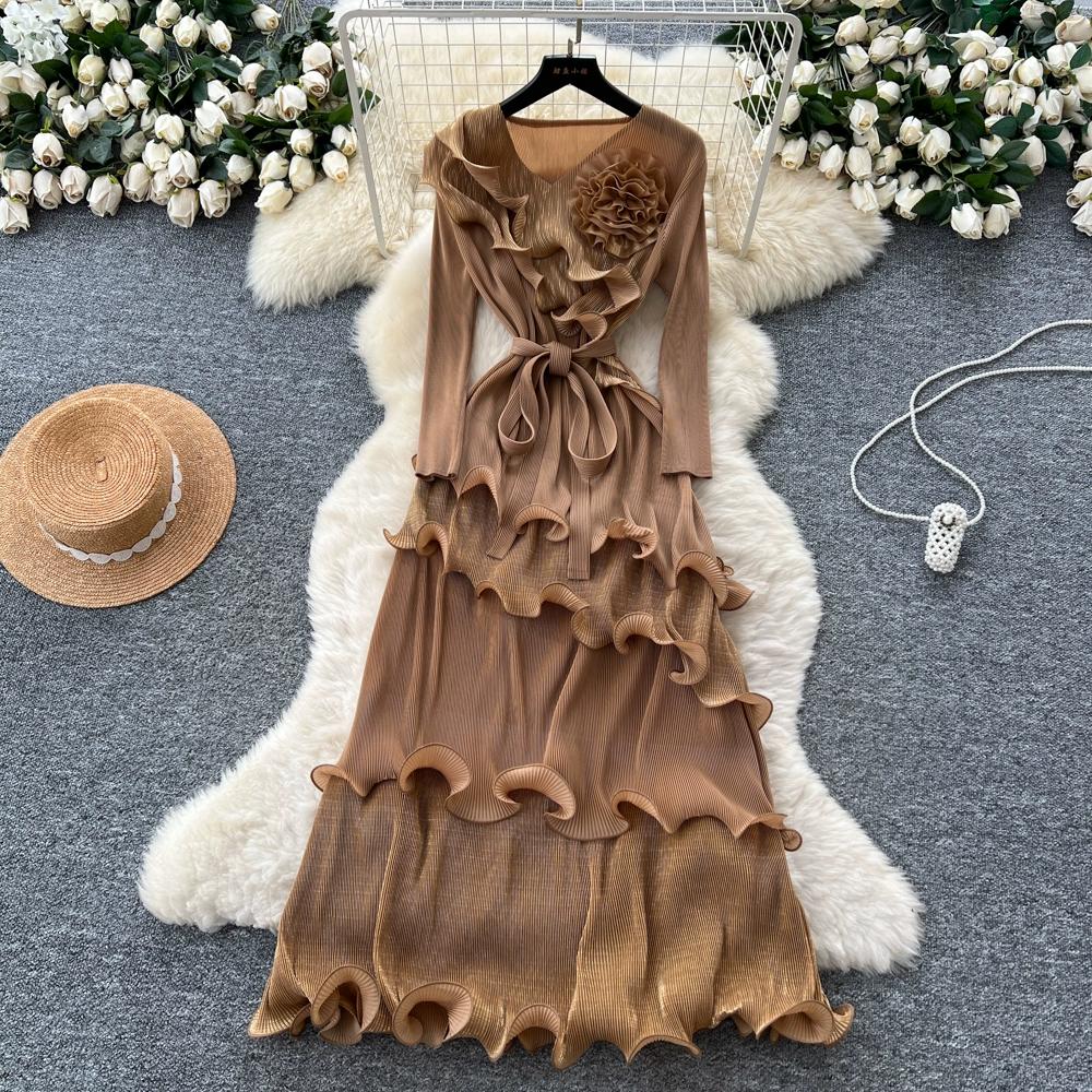Autumn Winter Women Elegant 3D Flower Ruffles Miyake Fold Christmas Party Oversized Loose Lace-up Dresses