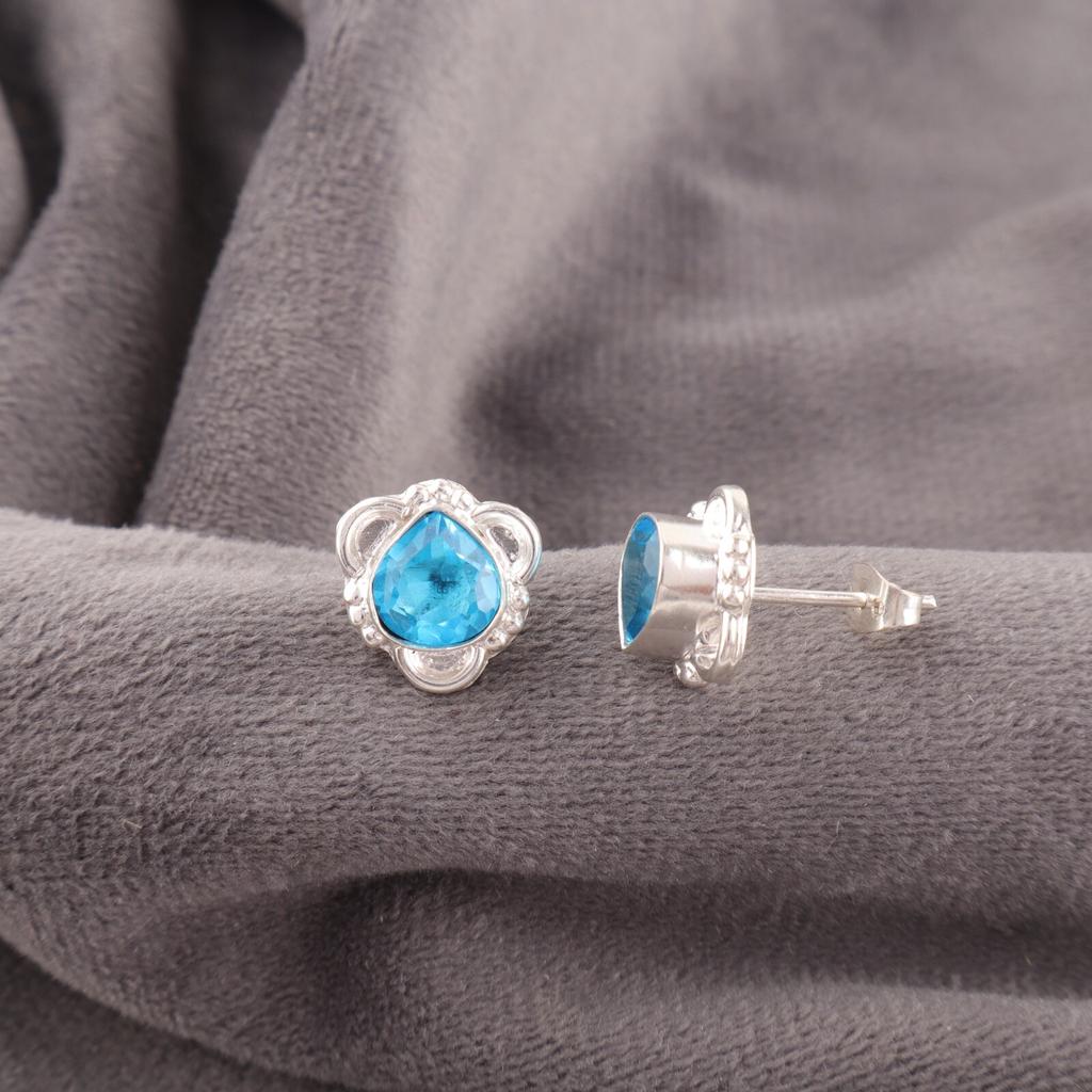 Swiss Blue Topaz Gemstone Earrings 925 Fine Silver Handmade Jewelry For Bridal EE-159-13