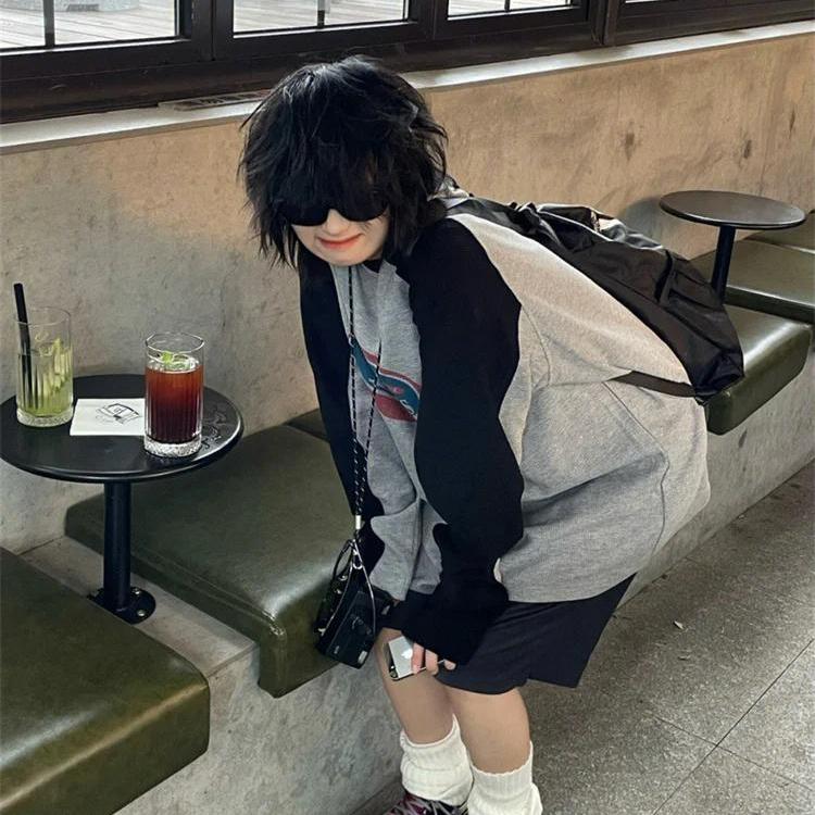 Y2K Vintage hosszú ujjú póló női harajuku utcai viselet szürke pulóverek túlméretezett retró patchwork nyomtatású pólók