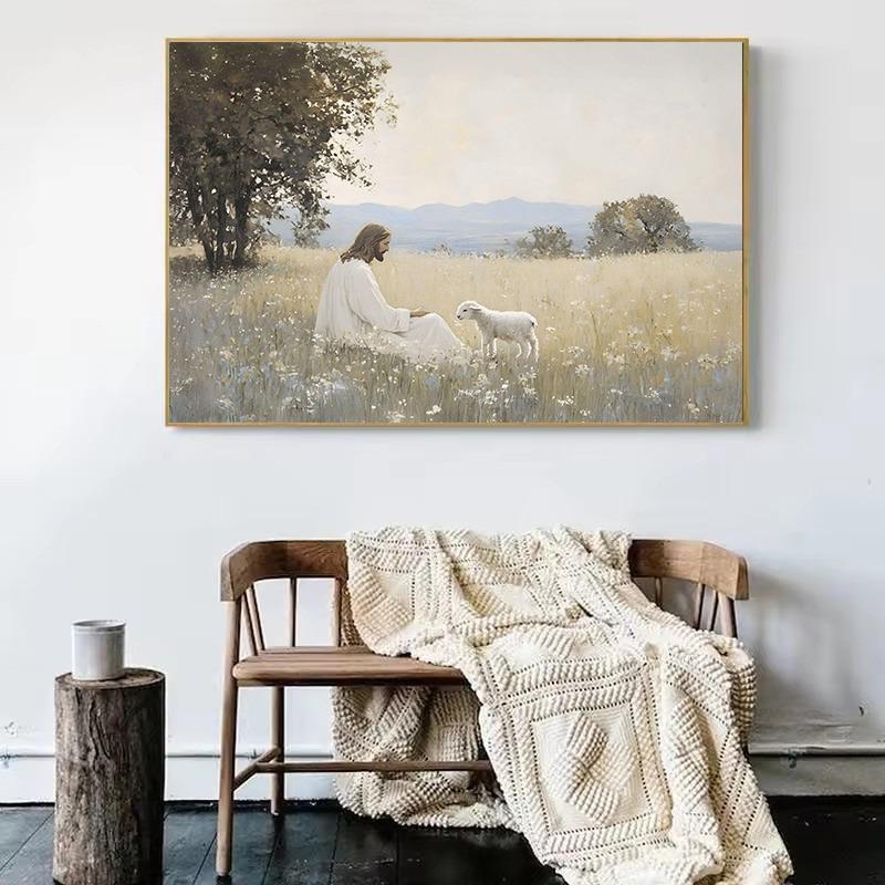 Watercolor Jesus and Landscape Christian Bible Verse Shepherd Poster Canvas Painting Wall Art Pictures Home Living Room Decor