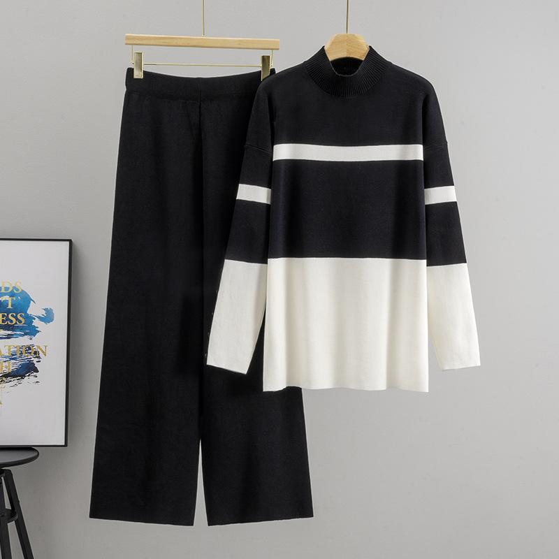 

Повседневный и Модный Вязаный Костюм для Женщин Осенью и Зимой: Свободный топ с длинным рукавом в стиле колор-блок, облегающие брюки с высокой посадкой и широкими штанинами one size чёрный