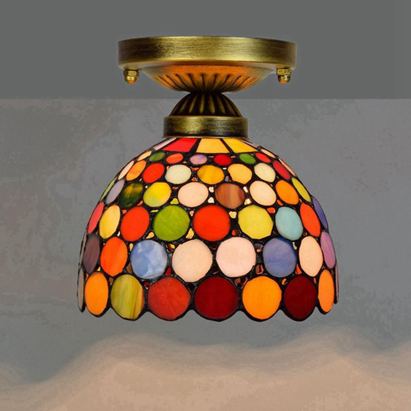 European Stained Glass Ceiling Light - Handcrafted Floral Rose Mosaic, Antique 8Inch Wide Flush Mount for Dining Room/Library