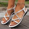 Fashion Casual Silver Cross Strap Sandals Women 2025 Summer Round Toe Flat Feels Gladiator Sandals Women Sexy Beach Shoes Plus Size 42