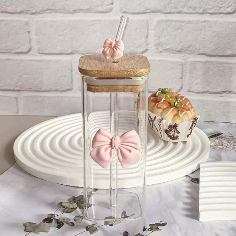 

1/2Pcs Pink Bow Cup Glass 400ml Glass Cups For Outdoor Carry Coffee Juice Milk Tea With Lids and Straws Suitable For gift 400ml