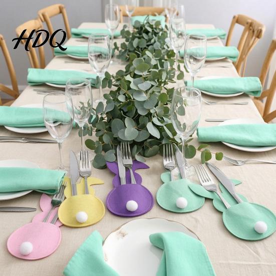 Spring Party Dining Accessory 4 Pcs Easter Bunny Cutlery Holders Felt Tableware Pouch Bags Cute Rabbit Utensil Table Ritual Decor Sleeve Fork Spoon