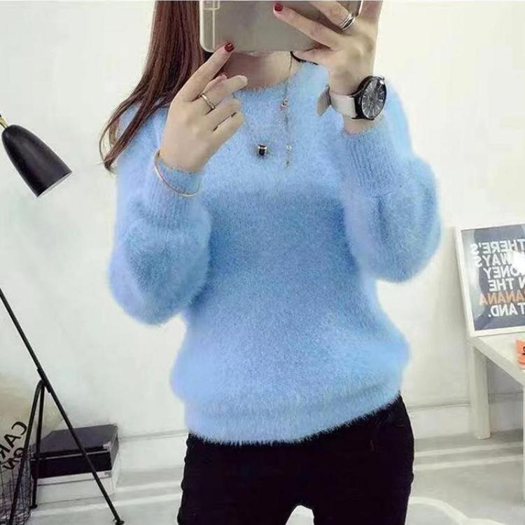 Pullover Elastici Casual da Donna Maglione Invernale Top Lavorati a Maglia Lisci Scollo a O Manica Lunga a Palloncino Imita Pelliccia di Vison Pile
