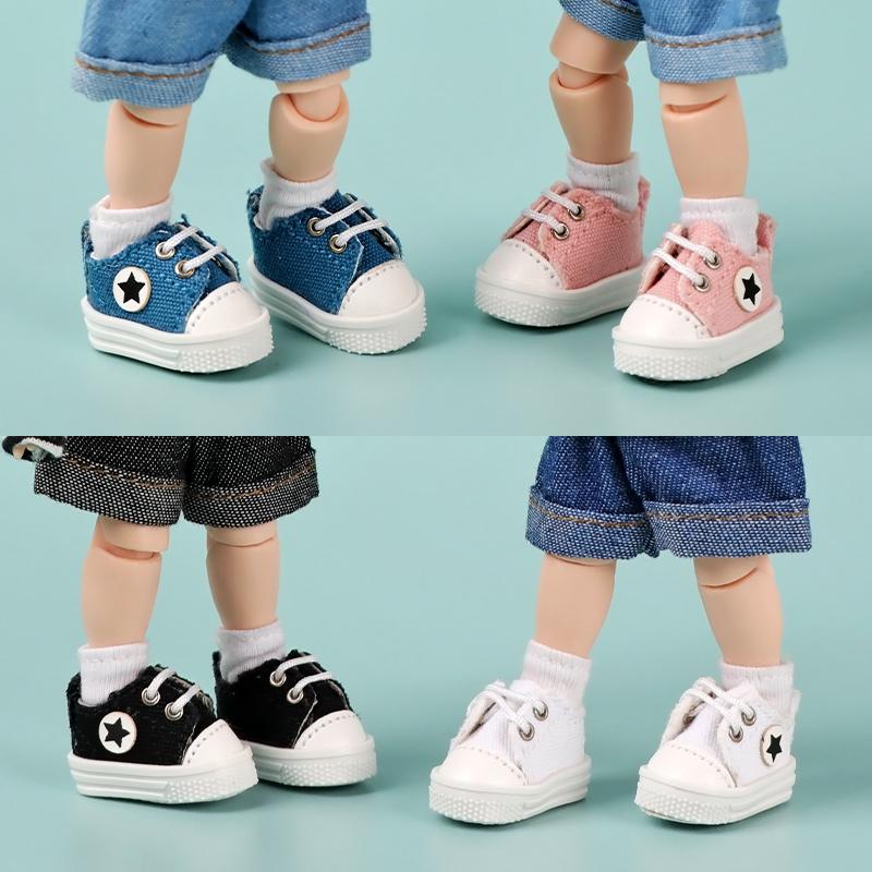 High Quality Pair Of 1:12 Dollhouse Low Top Canvas Shoes Star Pattern Shoes Suit For Ob11 1/12 Bjd Doll Gsc DOD YMY Doll Accessories
