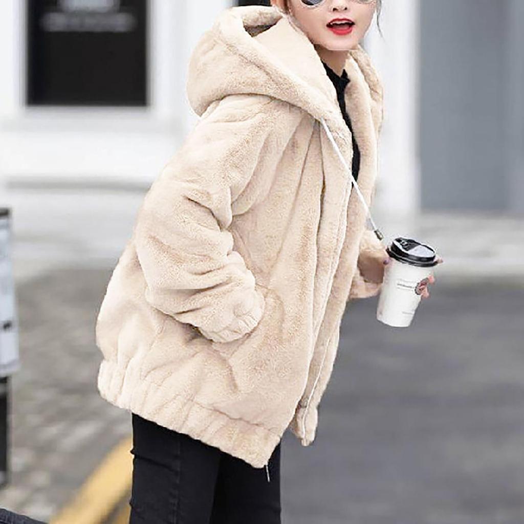Plush Faux Rabbit Hooded Pocket Jacket For Women's Loose Plush Long Sleeved Women's Top
