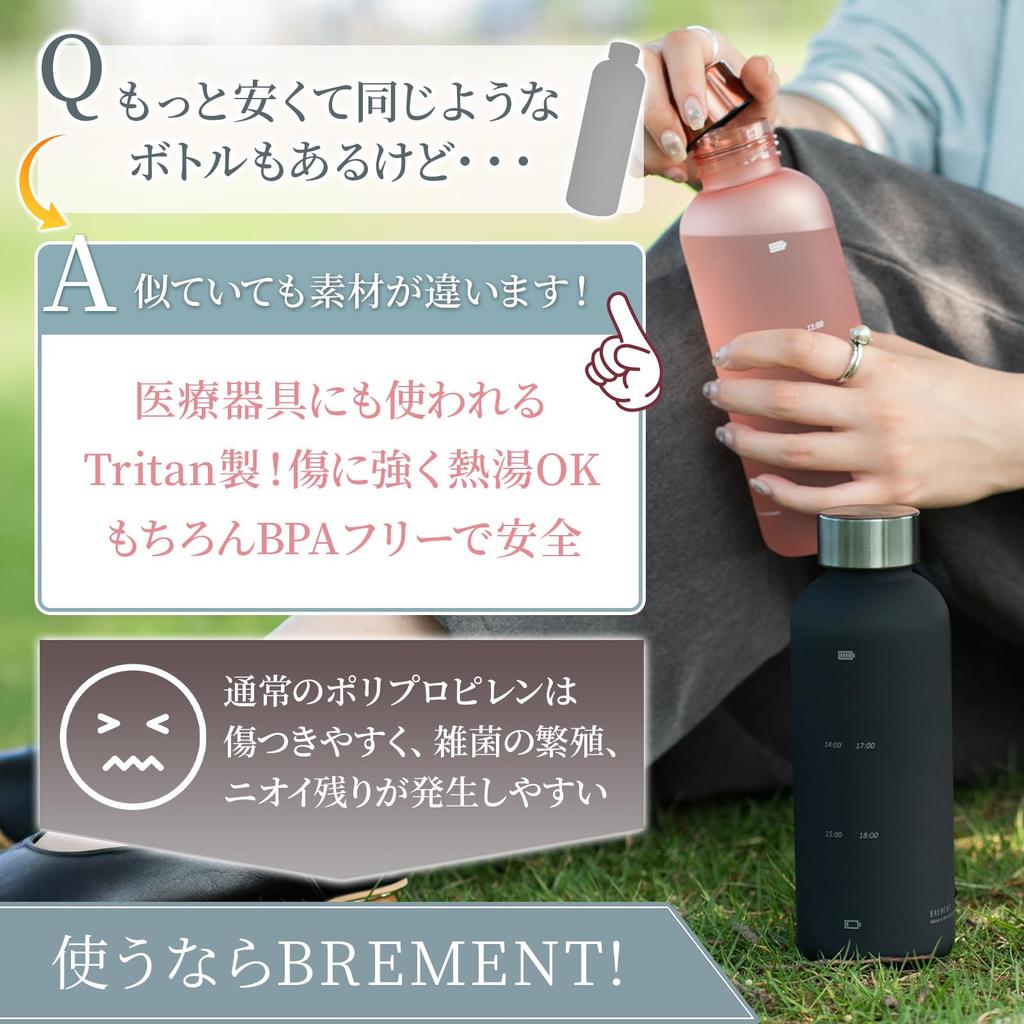 BREMENT Time Marker Made with the Same Material Used In Medical 2 Liters of Water a Bottle, 500ml, BPA-Free Tritan, Equipment. [Drink Day!] (Clear