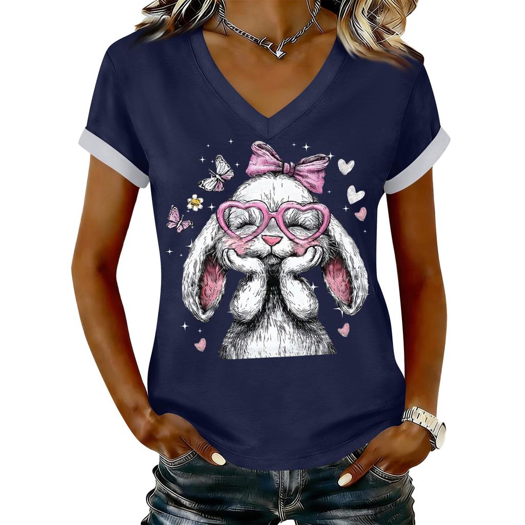 Women's Casual Printed T-Shirt V Neck Pullover Short Sleeve Top