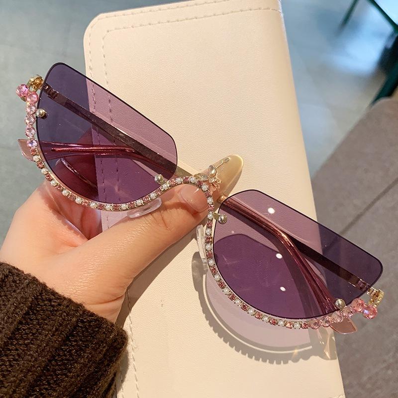 Vintage Half Frame Cat Eye Sunglasses Women Luxury Brand Designer Sun Glasses Punk Popular Diamond Metal Eyeglasses Uv400