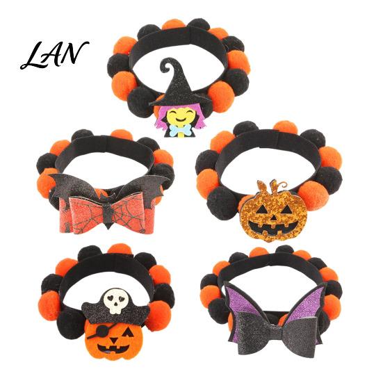 Photogenic Pet Collar Design Halloween Pom-pom Cat Collar, Adjustable Cute Pumpkin Bat Witch Dog Orange And Black Pom-poms for Cats Dogs