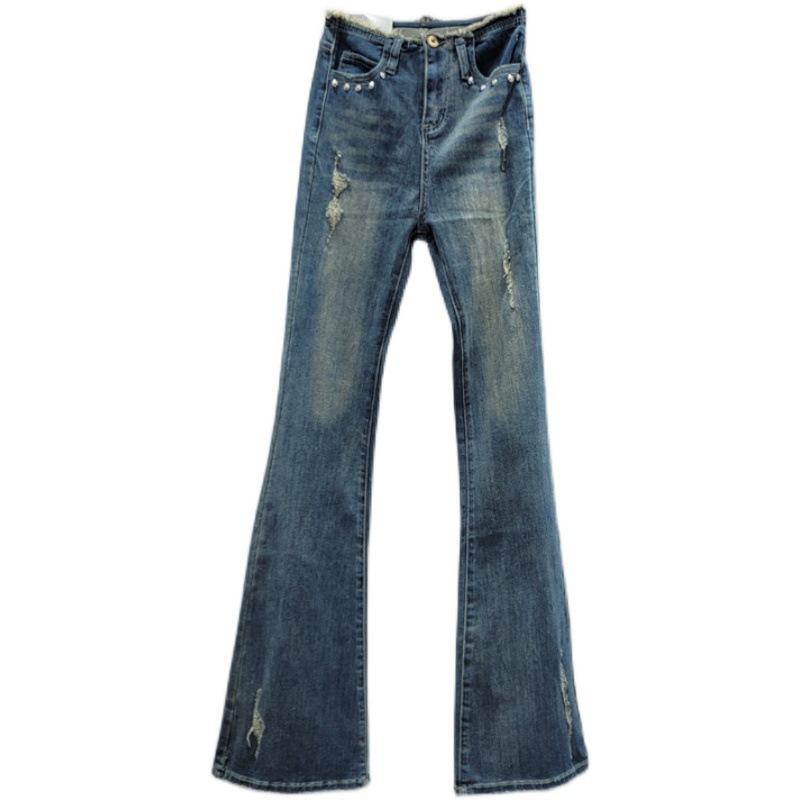 American retro washed old jeans women's summer spice low waist rough edge micro-horn mopping floor wide leg pants tide