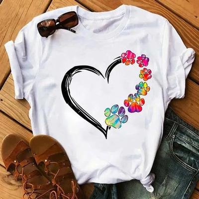 2025 Fashion Cartoon Colorful Heart Dog Paw Printed T-shirt 90s Fashion Casual Women's Short Sleeve Plus Size T-shirt Unisex