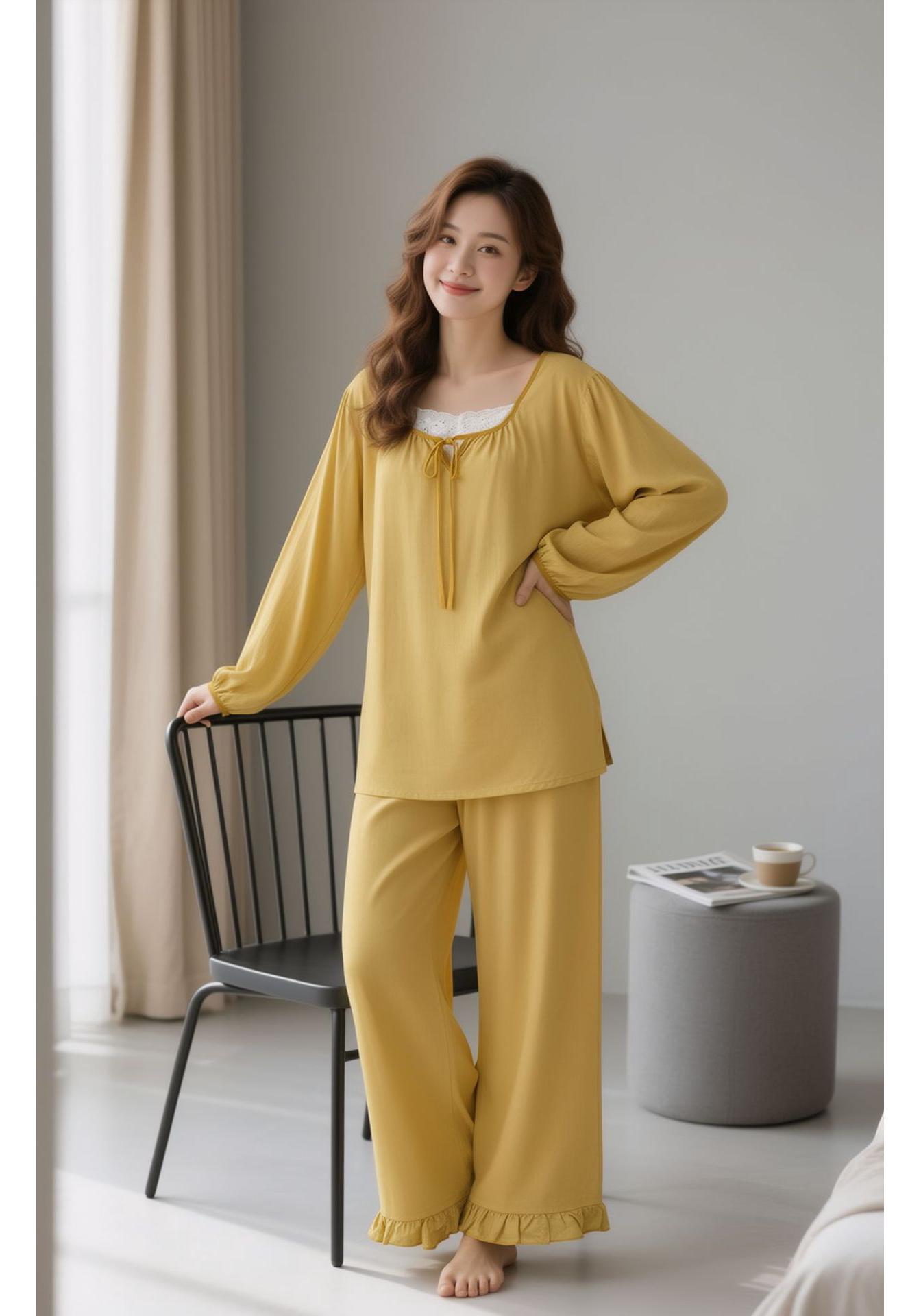 Women s Spring/Summer Lace Trim Pajama Set - Long Sleeve & Pants XXL