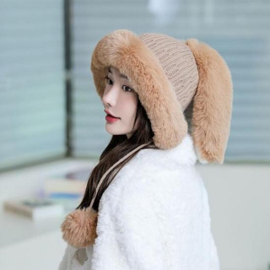 Lady Warm Knitted Faux Fur Beanie Hat Cute Bunny Ear Ski Pom Pom Outdoor Winter